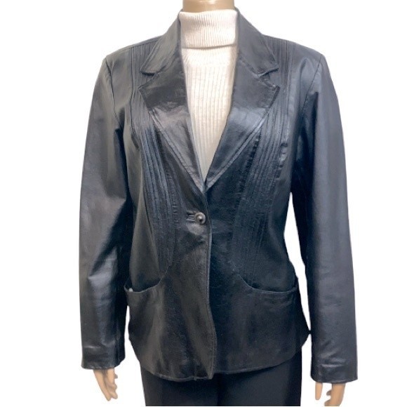 90s D & Co Leather Blazer Jacket Black animal print Lined size L - Picture 1 of 17